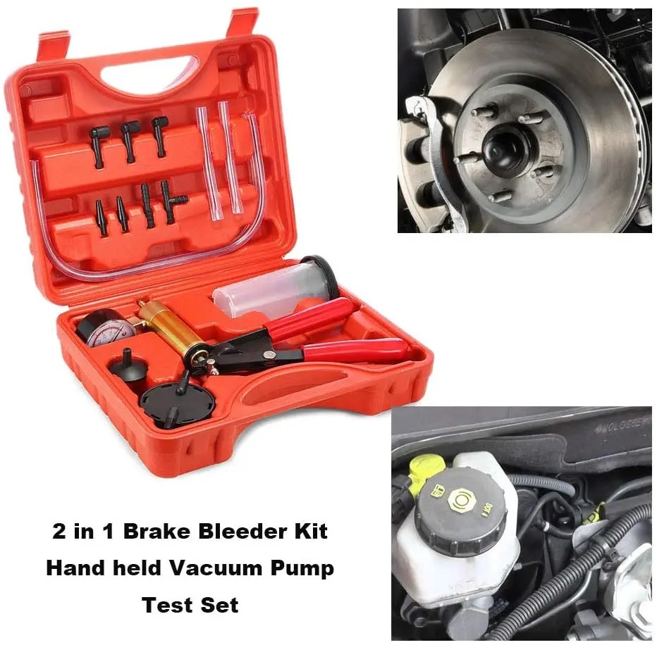 16pcs 2 in 1 Brake Bleeder Kit Hand Held Vacuum Pump Tester with Gauge Jar Adapters for Automotive Bike Motorcycle Truck 