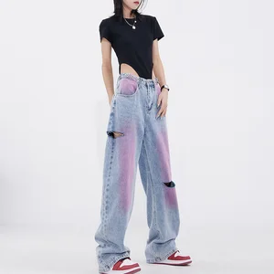 New Custom Wholesale Women Causal Paint Wide-leg Denim Pants High Waist Fashion Graffiti Vintage Wash Jeans