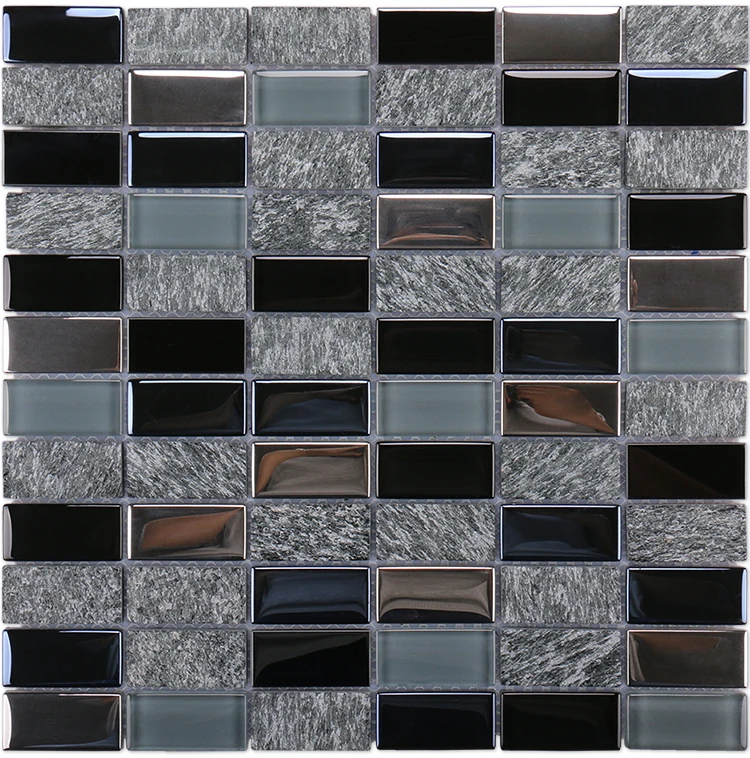 Low price azulejo mosaico rectangle grey black metal glass marble mosaics