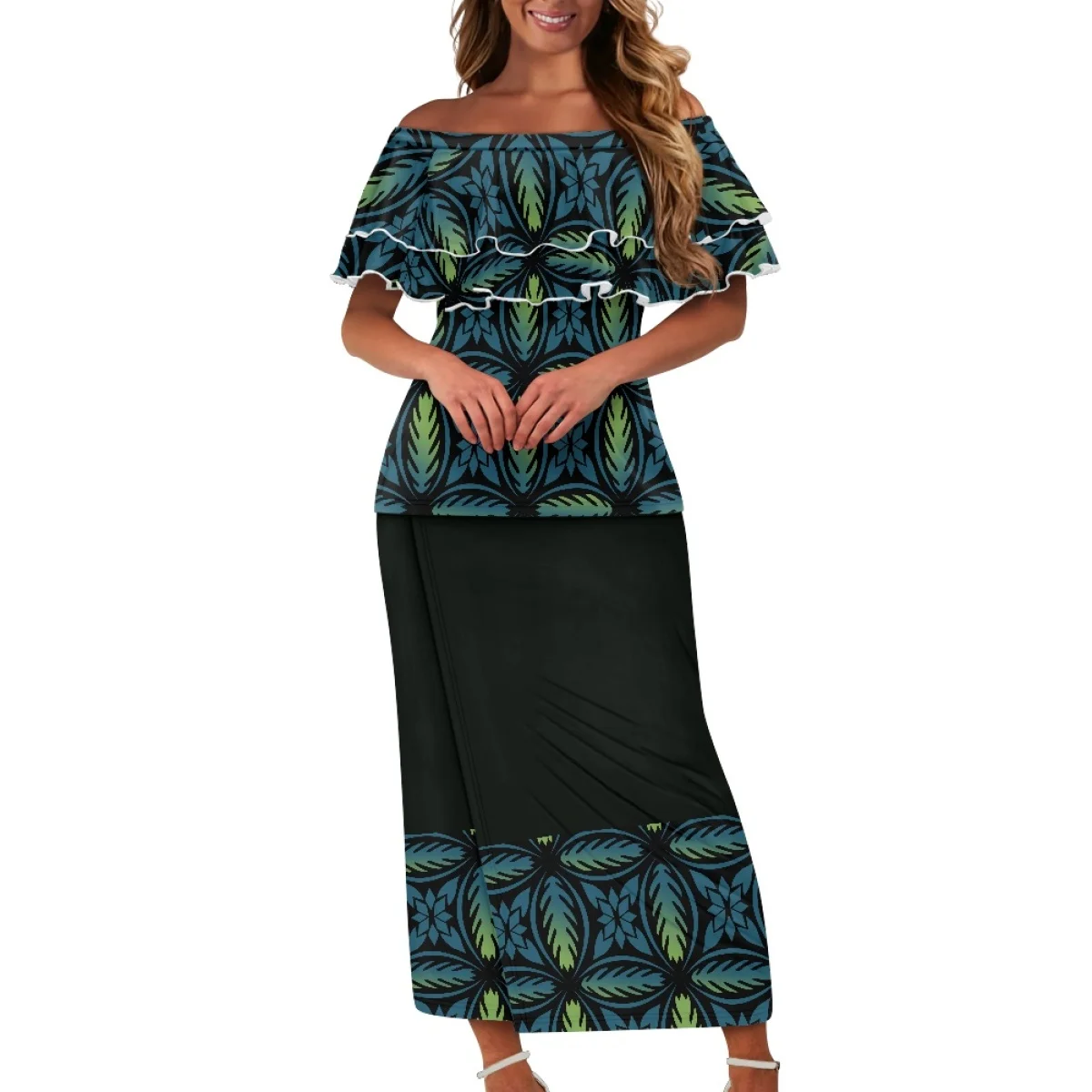 Polynesian Tribal Clothing Off Shoulder Browns Samoan Puletasi Dresses Custom Print Evening 8039