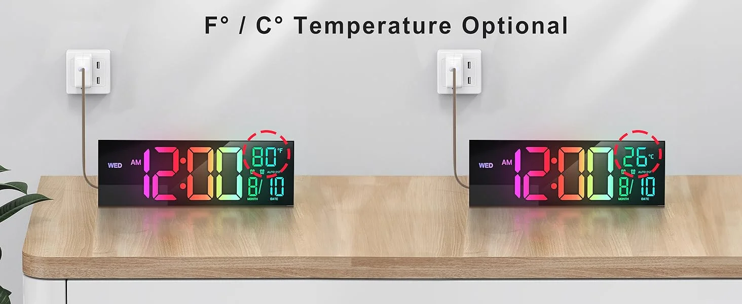 Large 16-inch LED digital clock, remote control, adjustable brightness, temperature and humidity display, ABS for living room