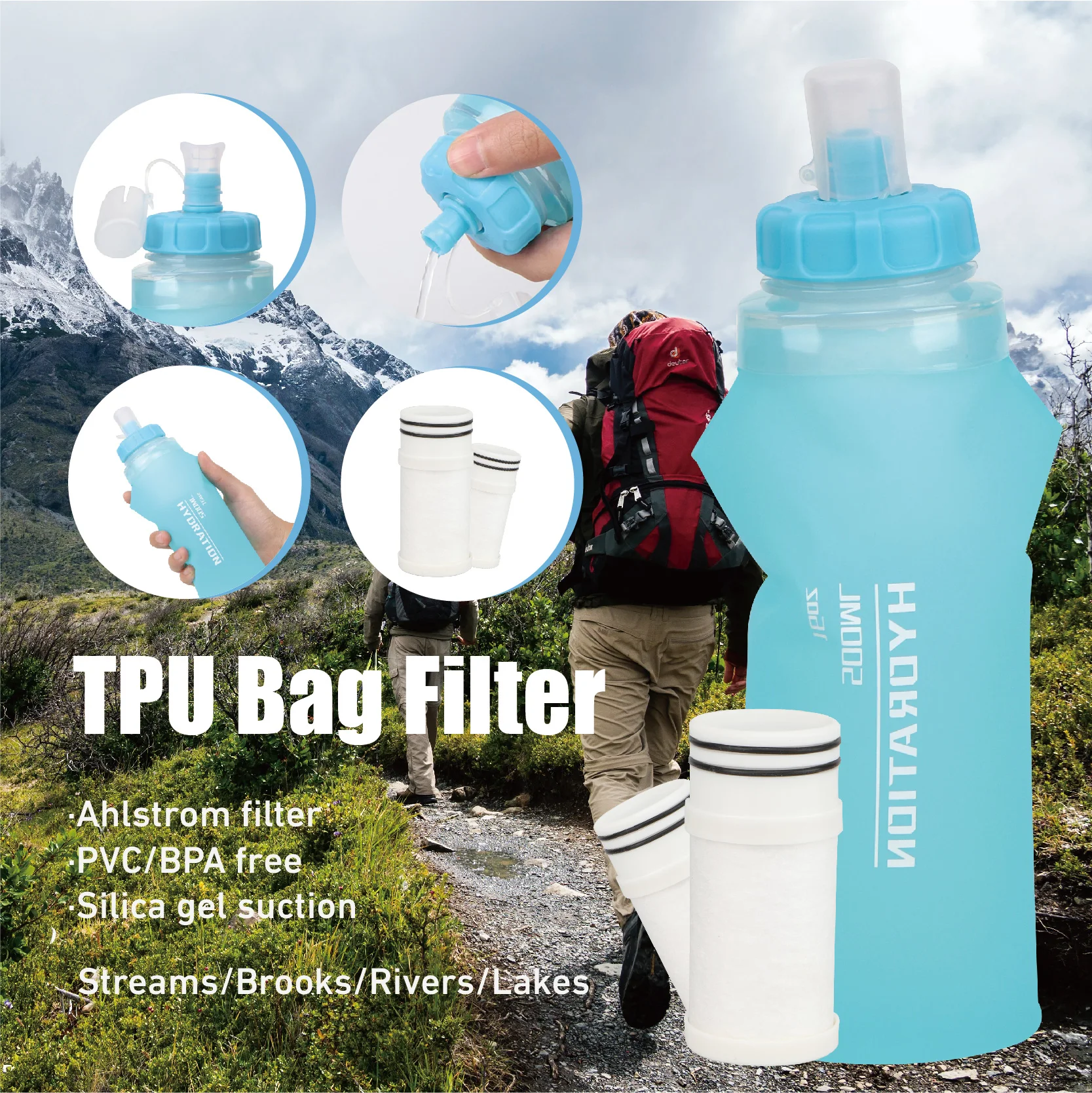 Manual Leak-proof Blue/white 100g Water Filter Bag, Customizable Logo, OEM/ODM Available, Portable For Outdoor Drinking And Hiking_voghion.com