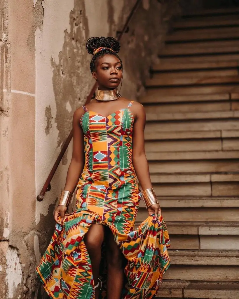 kente straight dress designs Yellow Plus Size African Kente Fitted Wedding Party Maxi Dress