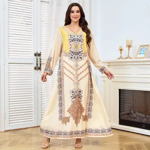 New Women's Dress Middle East Muslim Women's Printed Loose Long-Sleeved V-Neck Long Dress Fashionable and Elegant Dress