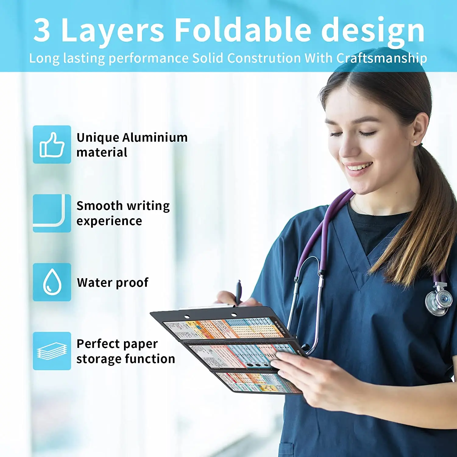 Nursing Clipboard with Nursing and Medical Edition Cheat Sheets 3 Layers Aluminum Foldable Nurse Clip Boards Notepad for Student