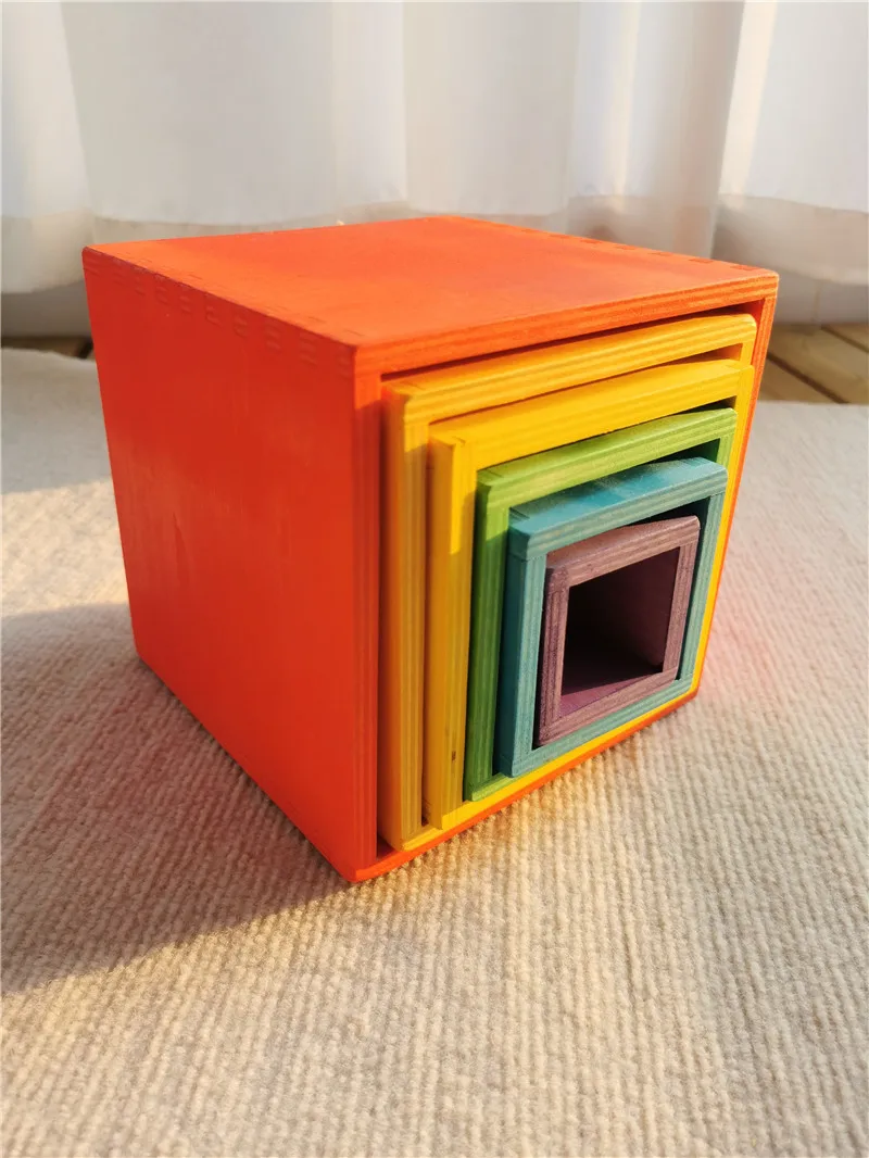 Kids Wood Building Blocks Large Rainbow Stacking Boxes Pastel Nature