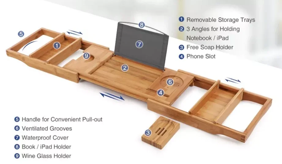 Wholesale Luxury Bathtub Caddy Adjustable Extending Bamboo Tablet Book