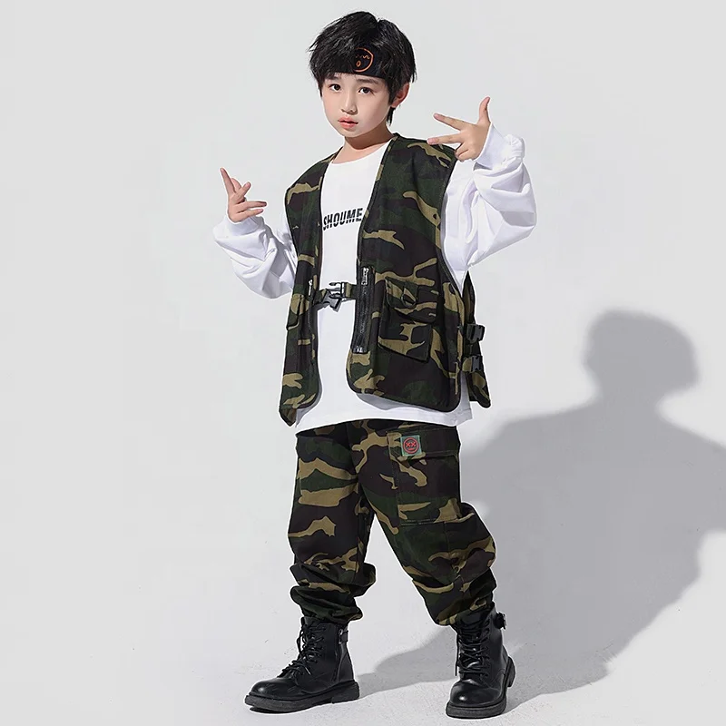 Kids Teen Kpop Outfit Hip Hop Clothing Oversize Camo Tactical Cargo Pants  for Girls Boys Jazz Dance Costume Street Wear Clothes