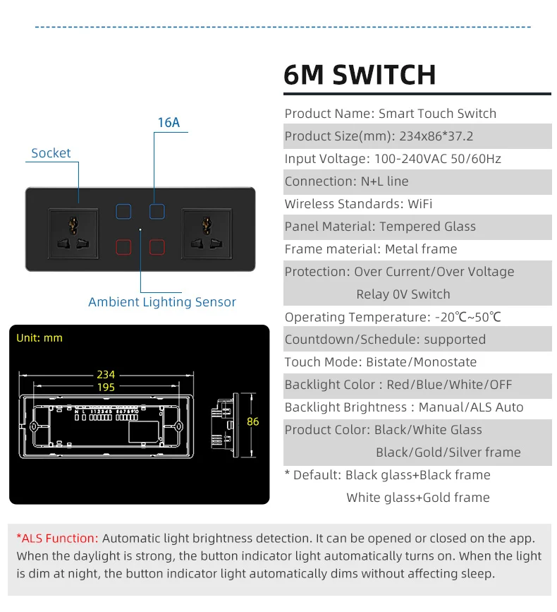 Universal Socket and Switch 4 5 6 8gang Touch Wall Light Switch WiFi Dimmer Switch Tuya Smart Fan Controller