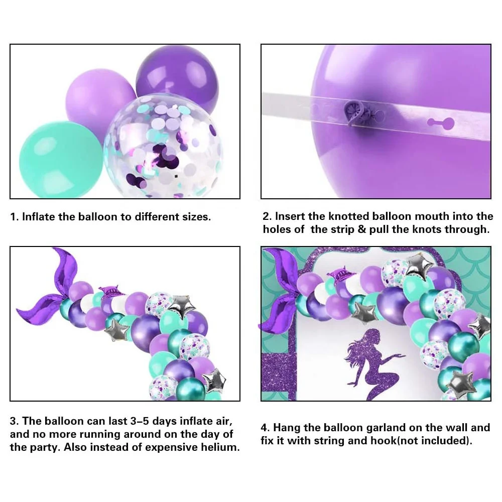 Birthday Theme Party Decor Supplies Decorations Purple Blue Latex and Silver Mermaid Tail Foil Balloon Arch Garland Kits Set