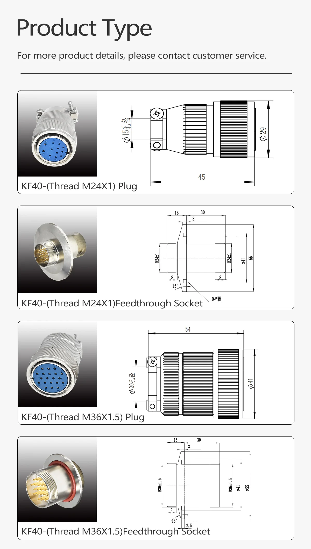 KF40 Series Gasproof Hermetic Thread Plug Feedthrough Socket Stainless Steel 304 Housing IP67 Waterproof Brass Gold Plated