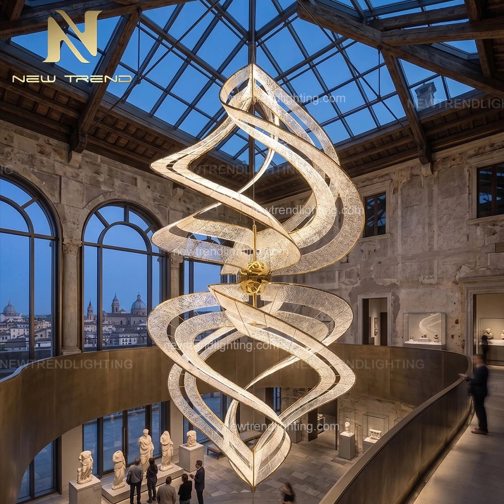 cpl-488Modern Fluid Spiral Ribbon Chandelier – Custom Oversized LED Sculpture Light for Hotel Atrium & Lobby
