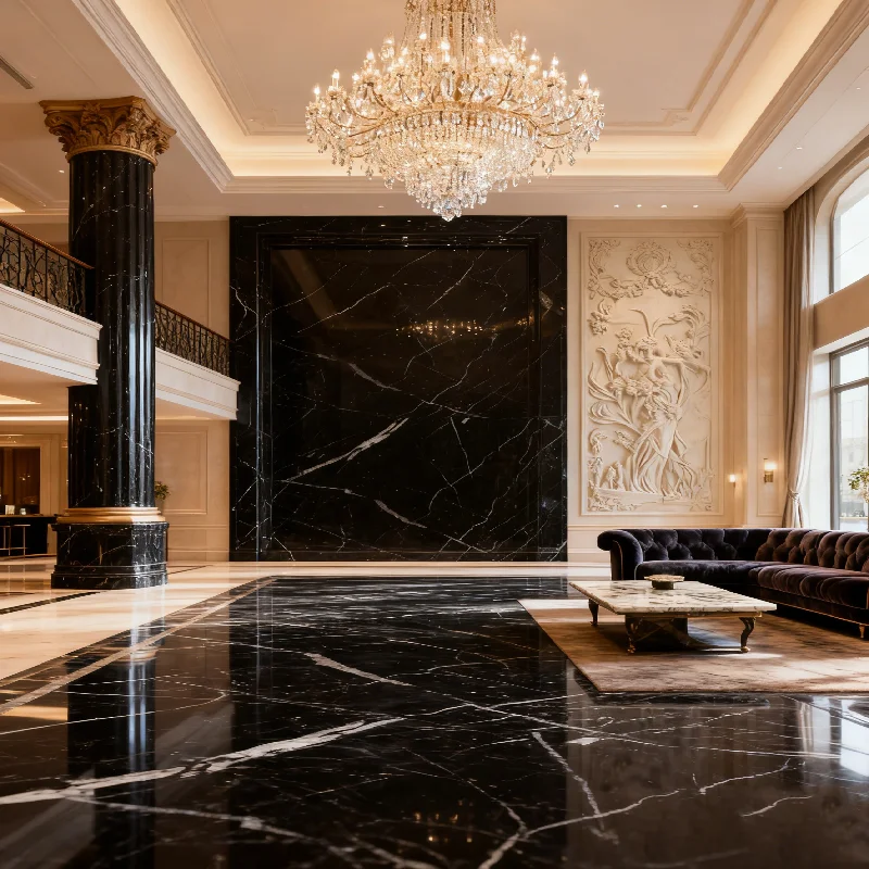 Ubin Marmer Hitam Alami dari Tiongkok, Ubin Marmer Mewah dengan Finishing Polish, Dipotong Sesuai Ukuran, Marmer Nero Marquina Alami