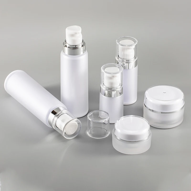 Transparent Double Wall Acrylic Skin Care Packaging Set With Gasket Pump Head Cream Jar Lotion