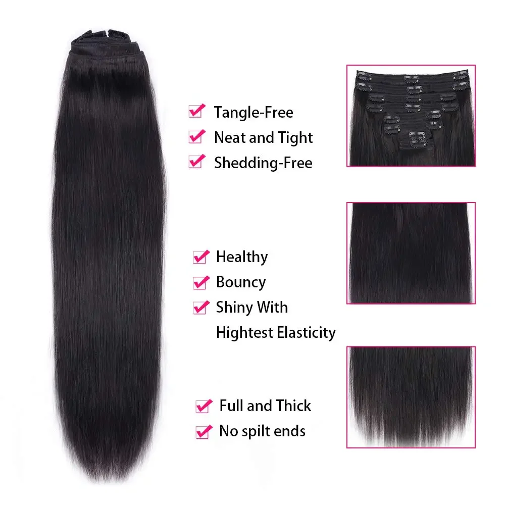 120G Natural Black Clip in Human Hair Extensions Straight Clip Ins 8Pcs Brazilian Remy Human Hair Extensions For Women 18Clips_voghion.com