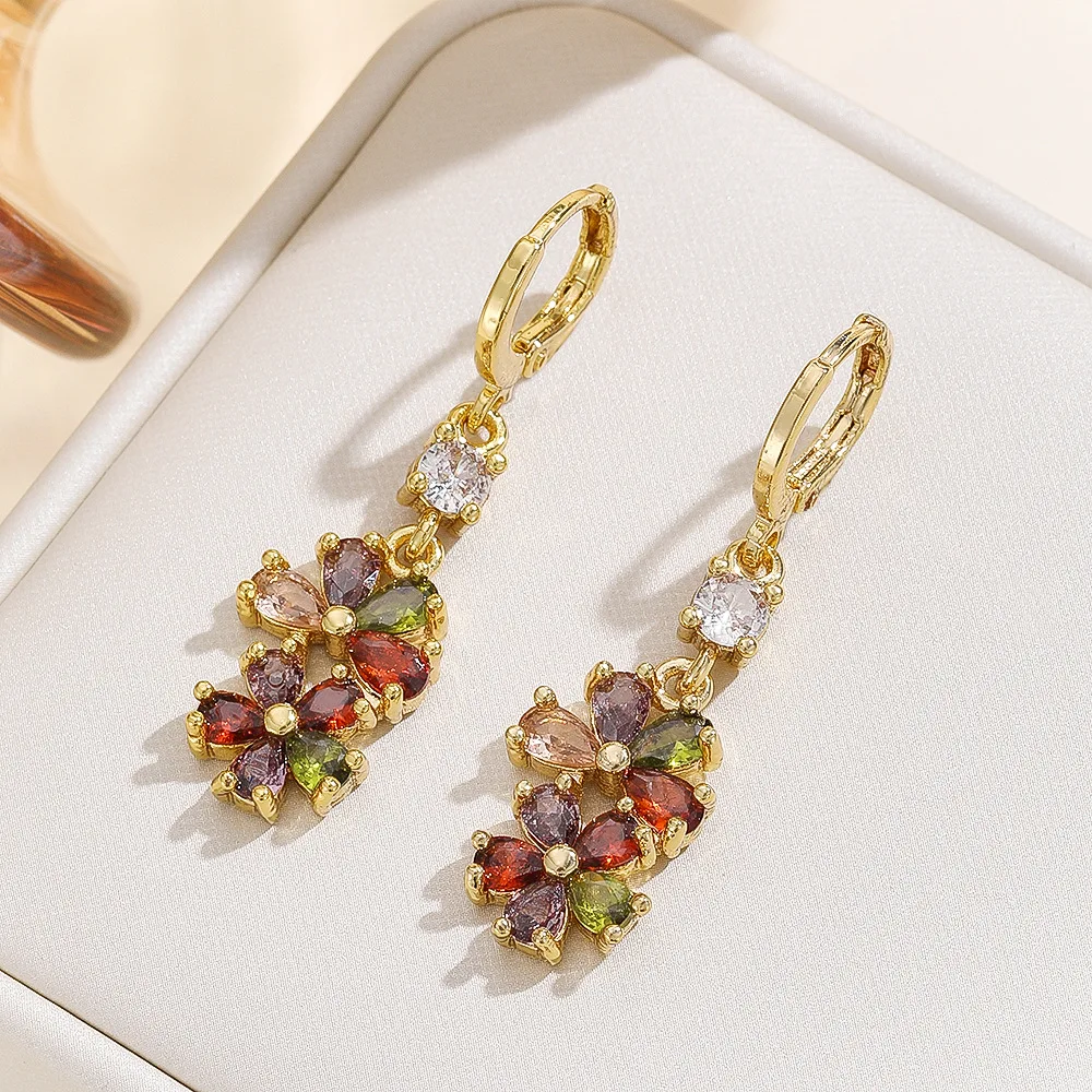 Exquisite Retro Brass Earrings with Colorful Zircon