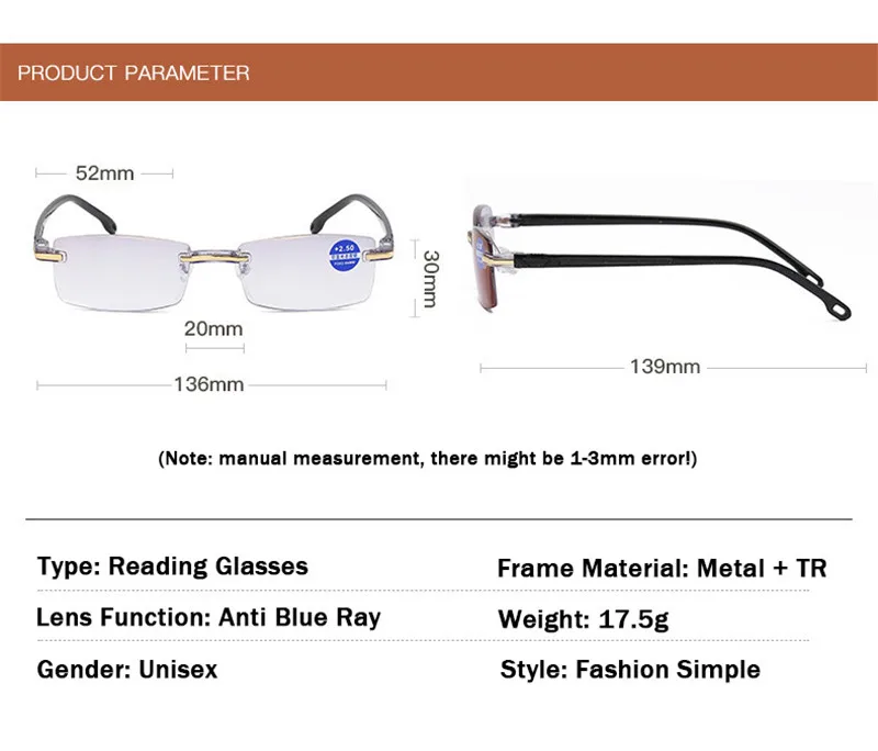 2020 new Anti Blue Light Blocking Rimless Reading Glasses Women Men Square Frameless Presbyopic Glasses Diopters +1.0 1.5 2 2.5