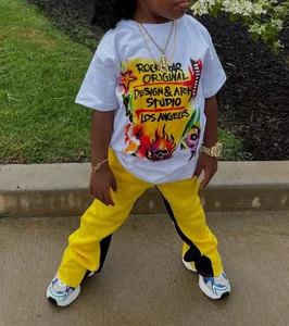 2026 Streetwear Fashion Custom Graphic Screen Printing Boxy Tee T Shirt Round Neck Tshirt and Sweatpants Boys Clothing Set