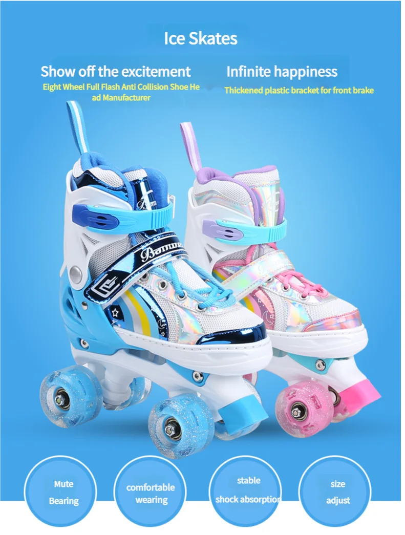 Factory Adjustable 2-5-8-10 Years Old Scholar Baby Four Flash Wheels Double Row Roller Skates