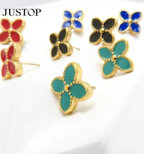Luxury 18K PVD Gold Plated Enamel Four Leaf Clover Stud Earrings Black Red Stainless Steel Jewelry for Women