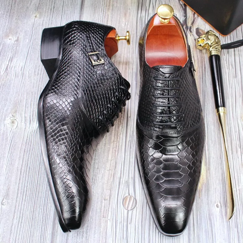 F87-1 Classic Genuine Leather Shoes Snakeskin Printed Lace up Buckle  Business Office Dress Shoes Oxford Men Formal Shoes