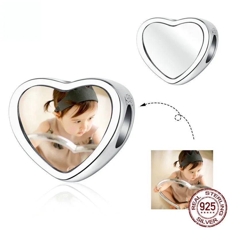Personalised 925 Sterling silver photo charms bulk heart engravable charms with picture custom charms for pandora bracelets
