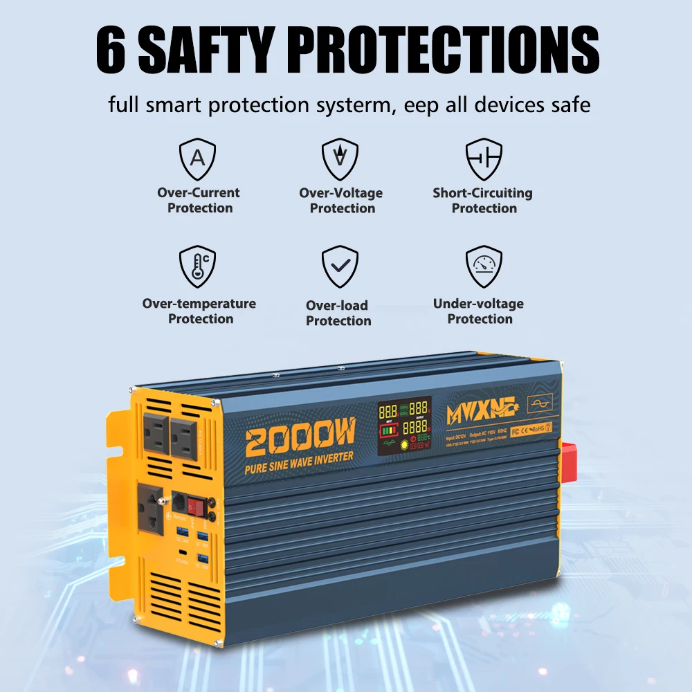 Us Warehouse DC Power Converter Fast Charging Type-C 1000w 2000w 3000w Pure Sine Wave Inverter With 7 Devices Use at Once