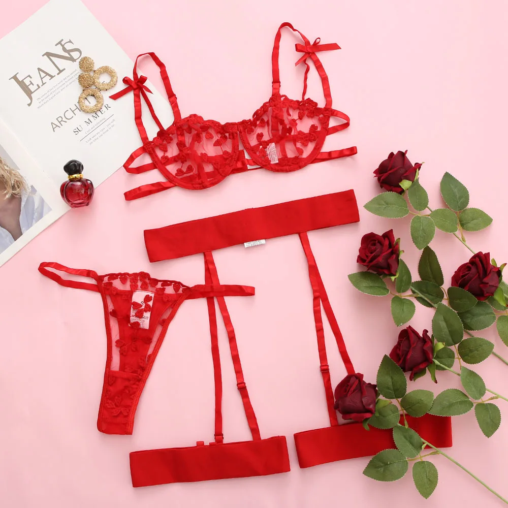 Sexy Three Piece Set Spring Embroidery Mesh Stitching Cute Lace Shoulder Strap Waist Seal Underwear main image 1