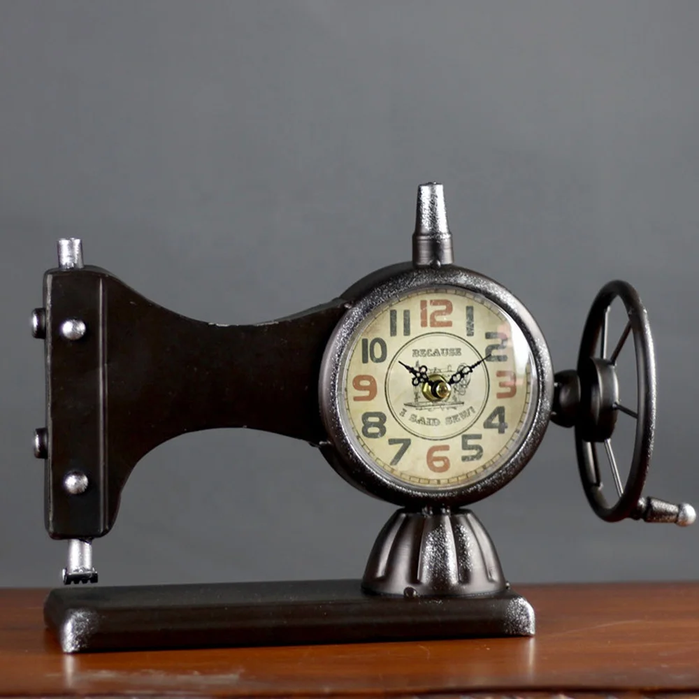 Desk Clock Retro Sewing Machine Living Room Decorative Silent Non-Ticking Numerals Battery Operated Decorative Quiet Table Clock
