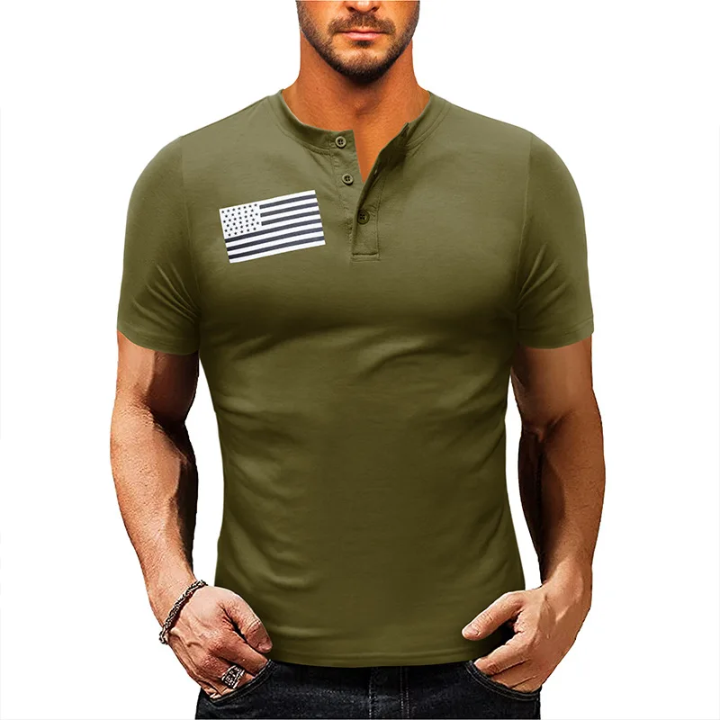 Mens Casual Short Sleeve American Flag Style Henley Button Down