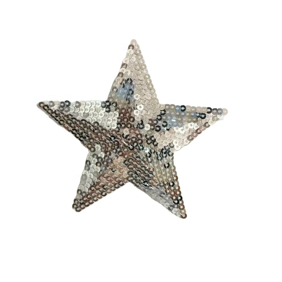 Large Silver Sequin Star Sew on patch Embroidered Iron on Applique Badge