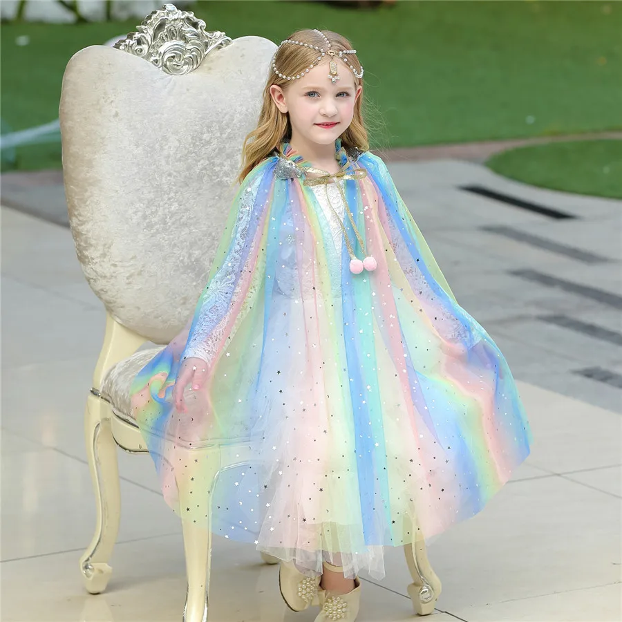 Girls Kids Princess Cosplay Hooded Fur Cape Cloak Costume Halloween Fancy Dress