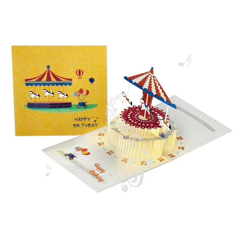 DAMAI Carousel 3D Pop Happy Birthday Paper Cake Greeting Card Sound Light Invitations for Boys Girls