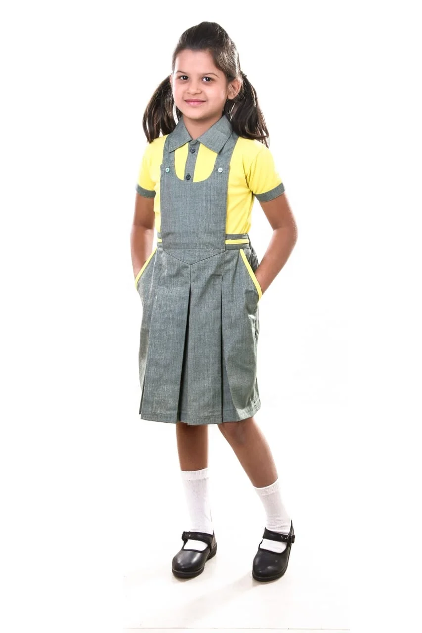 OEM New Designs Girls School Uniforms Red Checks Pleated Short Sleeve Pinafore frock Dress