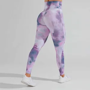 2026 Custom Eco-Friendly Four-Way Stretch Workout Yoga Pants High Waist Running Gym Womens Tie-dye Print Sport Leggings Fitness