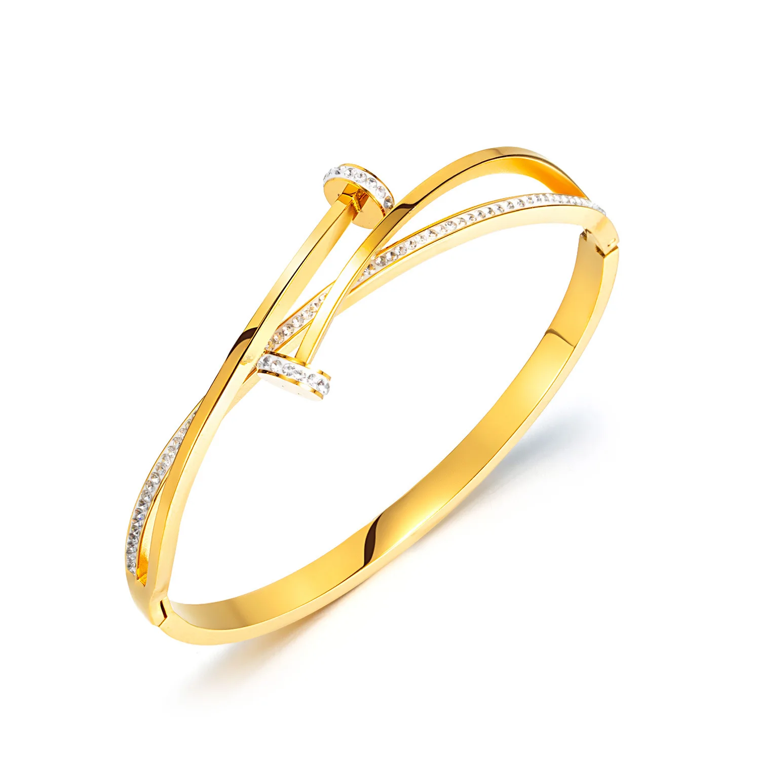 Double Crystal Nail Head Cross Stainless Steel Bracelet