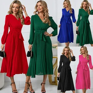 Wholesale High-quality Women's Fashionable Solid Autumn Chiffon Natural Loose Long-sleeved Pleated Floor-length A-line Dress