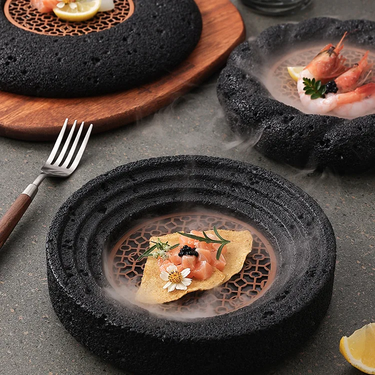 Assiette Japonaise Artistique 12 Cm – Style Pierre Volcanique Noire, Idéale Sushi, Sashimi, Dessert