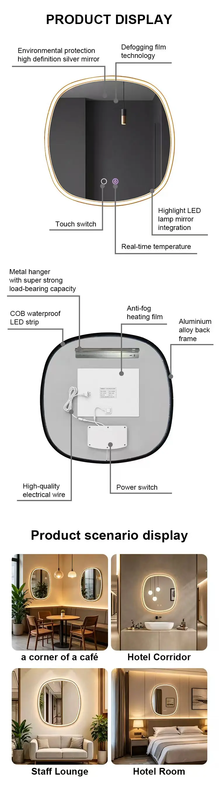 Aluminum Frame Smart Mirror Anti-fog Backlit LED Mirror with Temp Display for Luxury Hotel