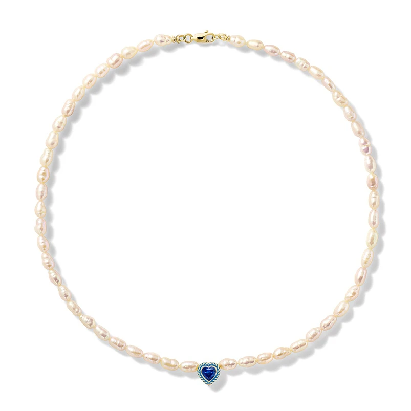 Gemnel Boho S925 Freshwater Pearl Enamel Heart Diamond Choker Necklace ...
