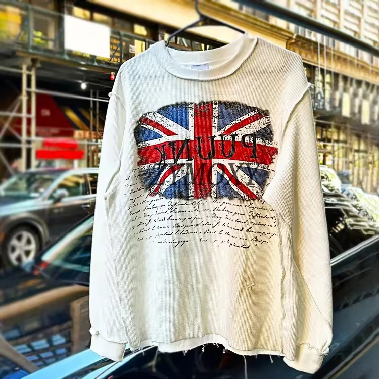 Custom Thermals Long Sleeve Acid Wash Vintage T-shirt Heavyweight Waffle Knitted Cotton Oversized Boxy Distressed Sweatshirt Men