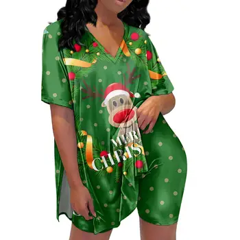 Women's Sleepwear Onesie Short Sleeve Cute Cartoon V-neck Tee and Pants Pajamas Set Loungewear Nightwear Sleepwear Christmas