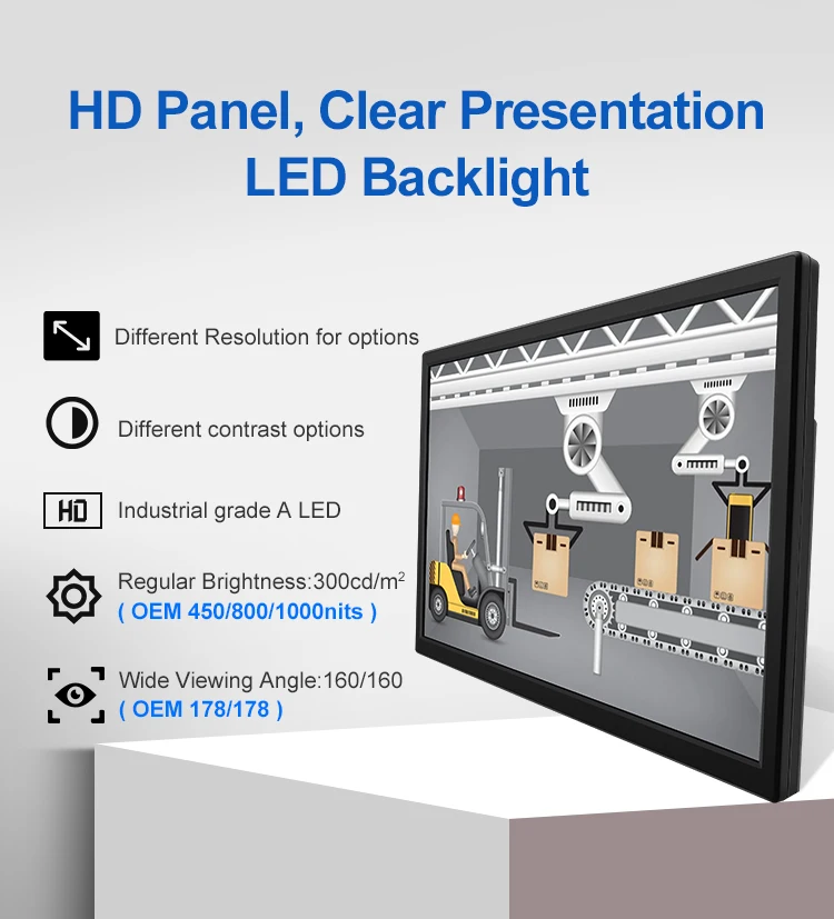 18.5 Inch Industrial Display HD-MI USB Resistive Touch Wide Screen Plastic TFT VESA Wall Mounted Industrial Monitor