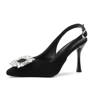 Sexy Black Suede Pointed Toe Stiletto Heel Sandals, 5CM/7CM/8.5CM Heel with Rhinestones for Summer