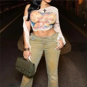 2026 Summer Digital Printed High Waist T-Shirt for Women European American Style Slim-Fit Crossed Design New Casual Short Length