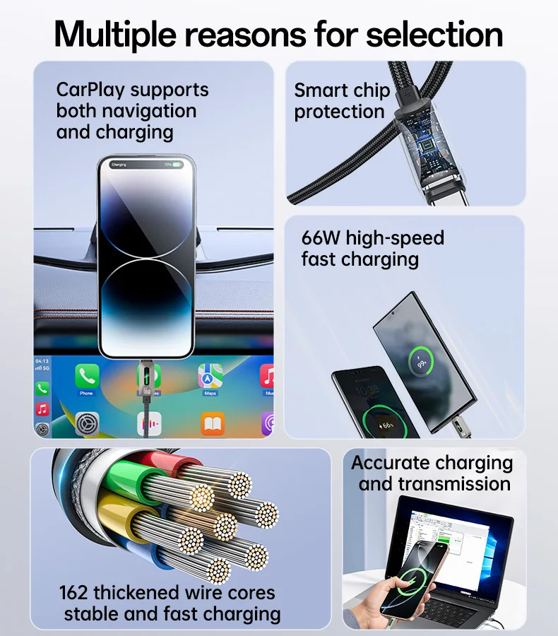 Yesido 1.2 Meter 66W Fast Charging USB to Type-C Streamer Light Support CarPlay Zinc Alloy Data Cable CA137C
