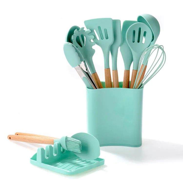 Popular Design Nonstick Rainbow Kitchen Wood Accessories Holders 12 Pcs Silicone Cooking Kitchen Utensils Set for Countertop
