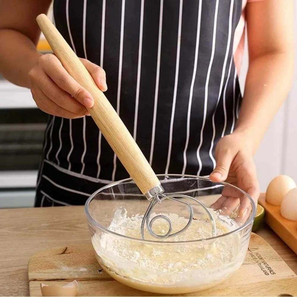 FRUHLING Batidor De Masa Danesa, Batidor De Huevos, Mango De Madera, Batidora De Masa, Batidora De Masa, Batidora De Pan De Acero Inoxidable, Para