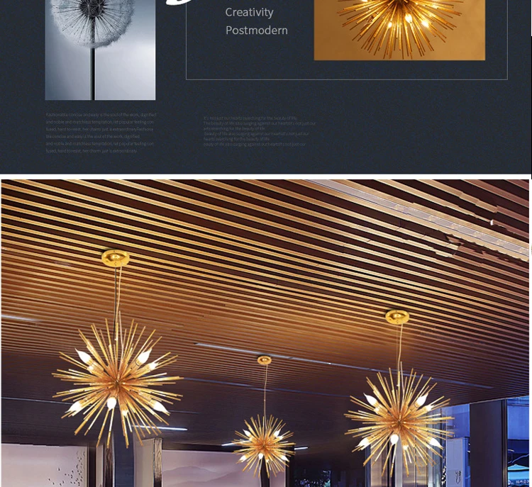 Aluminum  firework pendant light modern chandeliers with 8 lights, gold and chrome sputnik lighting fixture