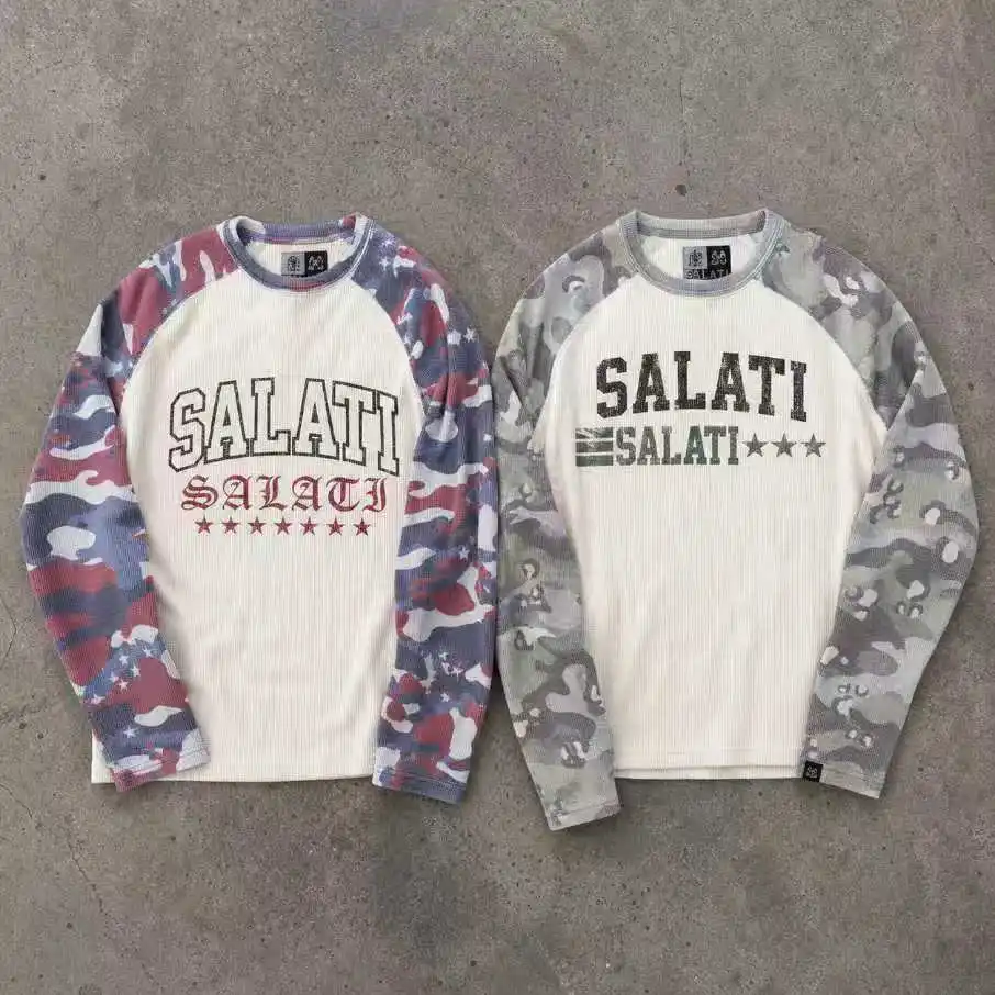 OEM Custom Camouflage Sleeve T Shirt for Men Contrast Raglan Ribbed Body Streetwear Y2K Casual Fashion Men Long Sleeve T Shirt